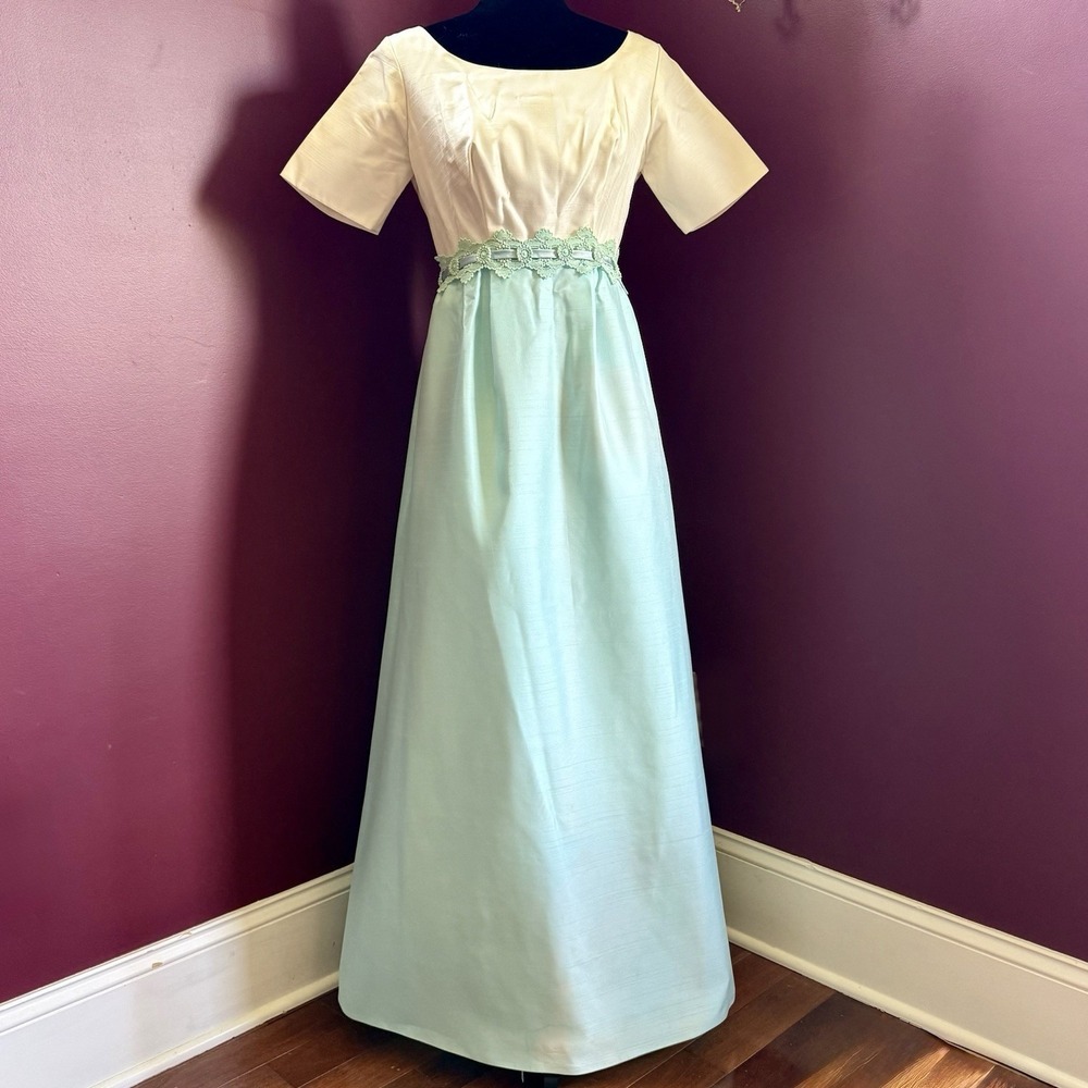 VTG 60s Lt Blue Mint Shantung Floral Dress Bridgerton Renaissance Cottage UNION